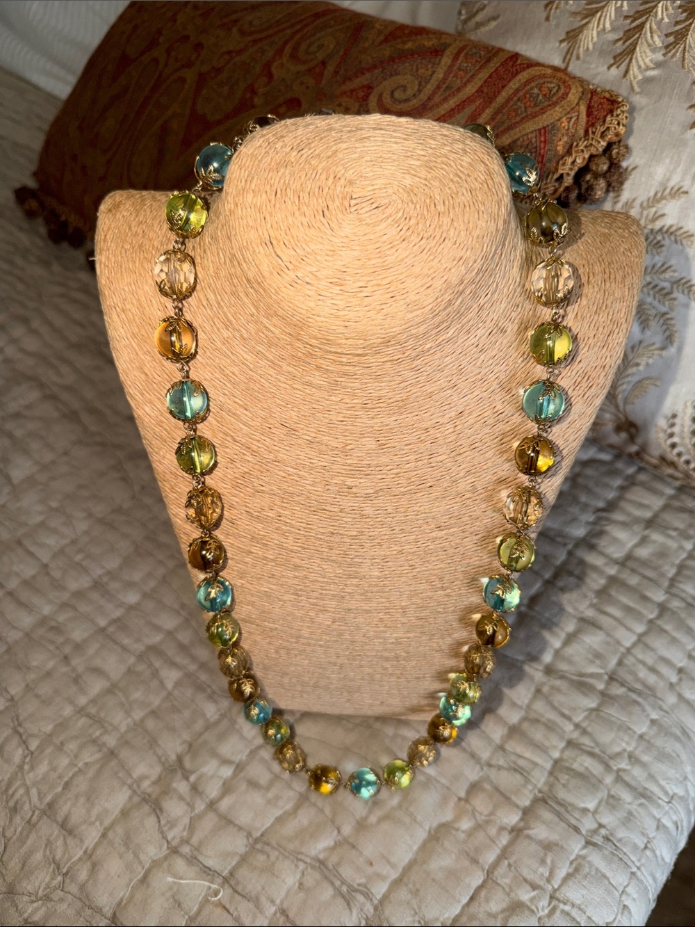 Jennifer Lopez Aqua and Olive Glass Bead Necklace